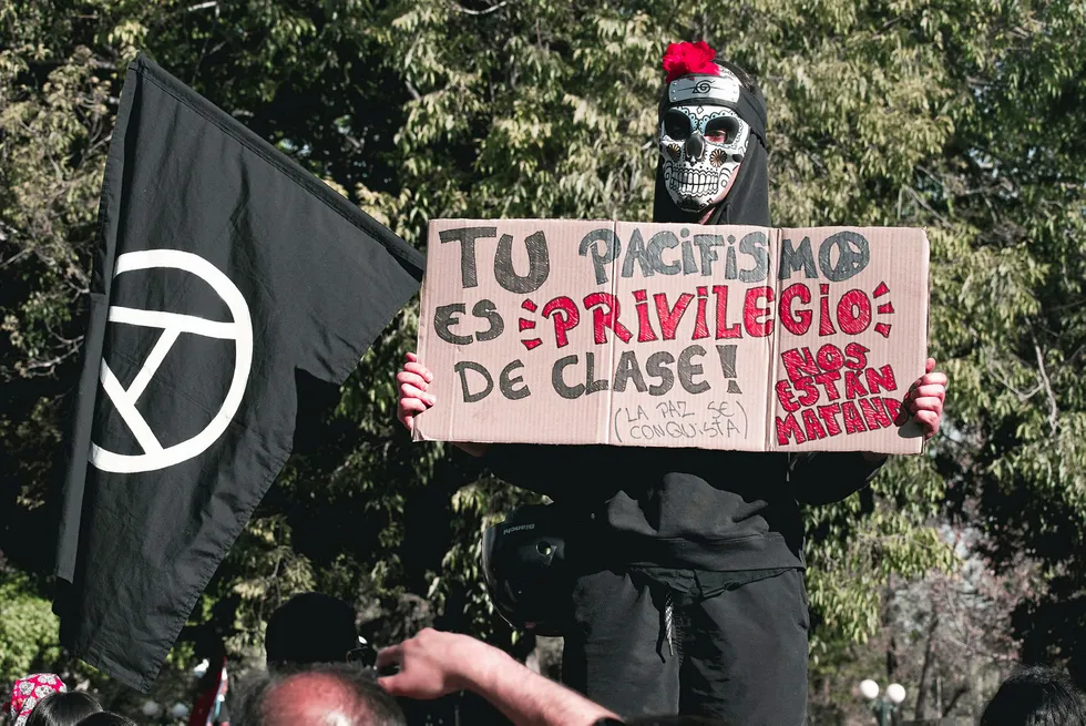 Demonstrator's sign reads: Your pacifism is class privilege.