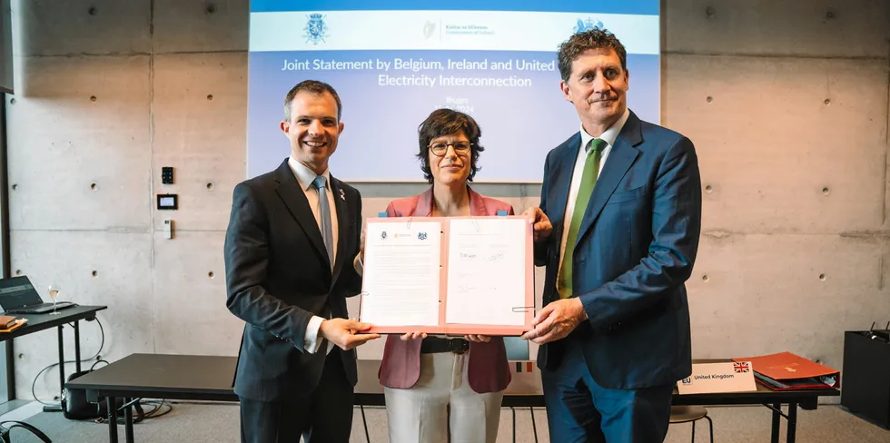 Left to right: UK minister for nuclear and renewables Andrew Bowie, Belgian energy minister Tinne Van der Straeten and the Irish minister for the environment, climate and communication Eamon Ryan at a signing ceremony for the declaration in Bruges on Wednesday.