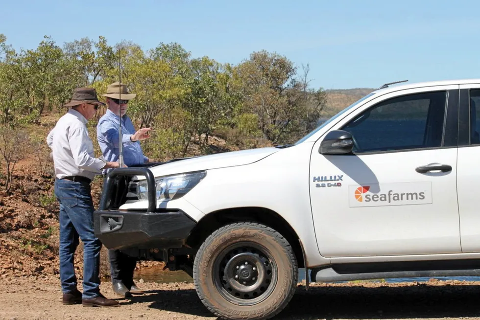 New Seafarms CEO Mick McMahon and company Secretary Harley Whitcombe visit the Project Sea Dragon site at Legune Station in the Northern Territory.