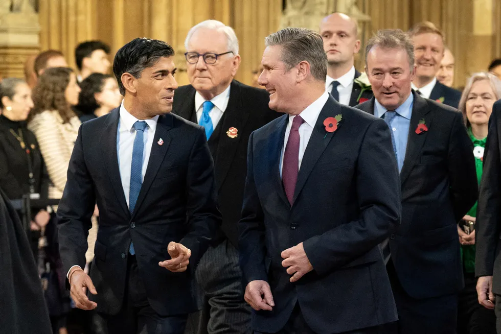 Ceremony: UK Prime Minister Rishi Sunak and Labour Party leader Keir Starmer at the State Opening of Parliament on 7 November