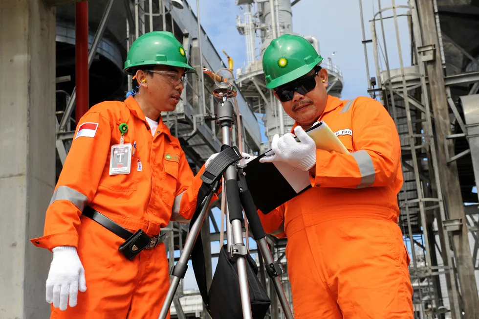 BP engineers: in the process area of the Tangguh LNG plant in Indonesia