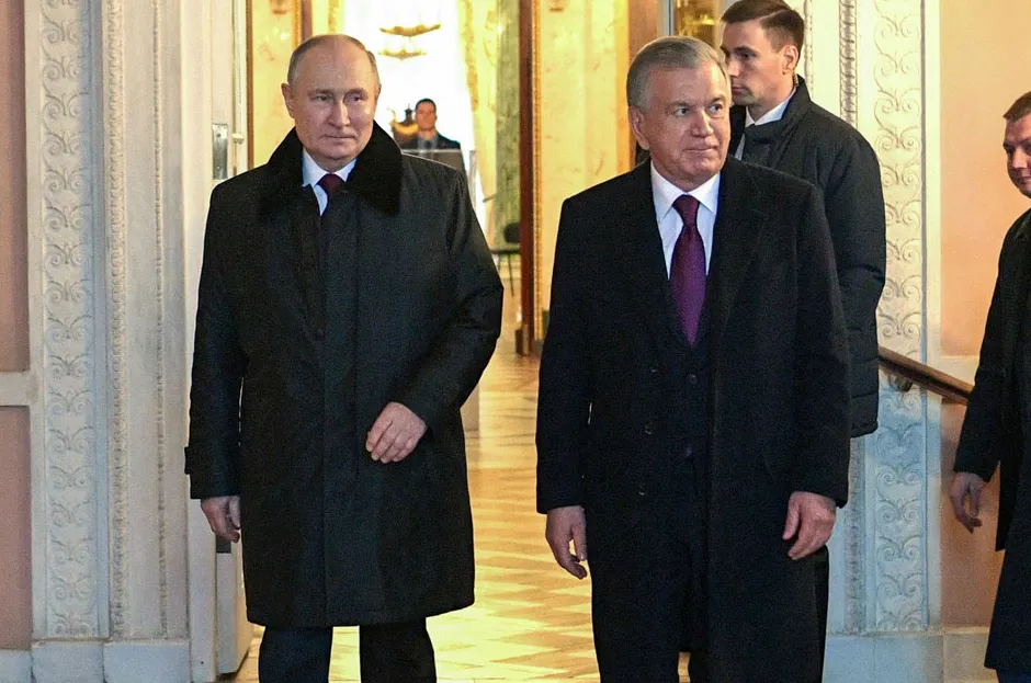 Partnership: Russia’s President Vladimir Putin (left) and Uzbekistan’s President Shavkat Mirziyoyev (right) at their meeting in St Petersburg in December 2023.