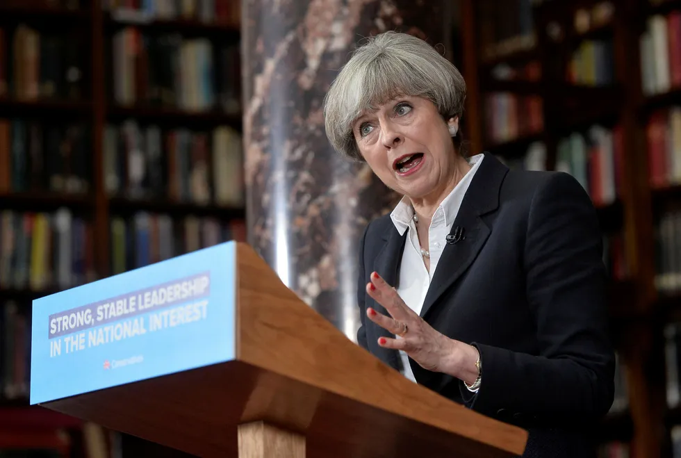 Storbritannias statsminister Theresa May under et valgkamparrangement i Royal United Services Institute (RUSI) i London mandag. Foto: HANNAH MCKAY / REUTERS / NTB SCanpix
