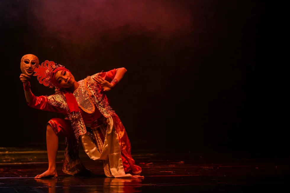 The Arokat Topeng dance performed during a dance competition in October 2024 in East Java, Indonesia.