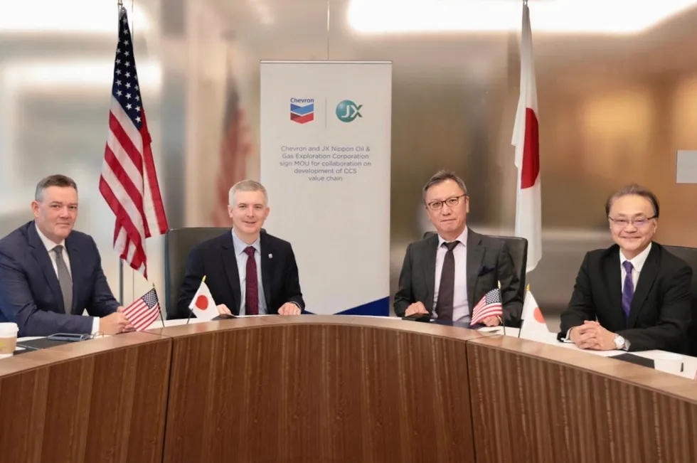Agreement: from left, Jeff Gustavson, president, Chevron New Energies; Chris Powers, vice president, CCUS, Chevron New Energies; Tetsuo Yamada, executive vice president of JX Nippon Oil & Gas Exploration; Toshiya Nakahara, chief executive of JX Nippon Oil & Gas Exploration.