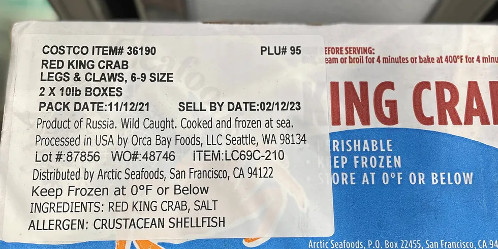 A box of frozen crab for sale at a Costco outlet in Sequim, Washington, clearly shows the product is from Russia.