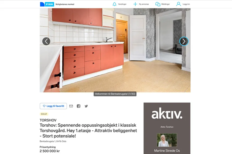 Det siste året har boligprisene i Oslo steget med 13 prosent. Denne leiligheten på Torshov ble solgt for 3.570.000 kroner.
