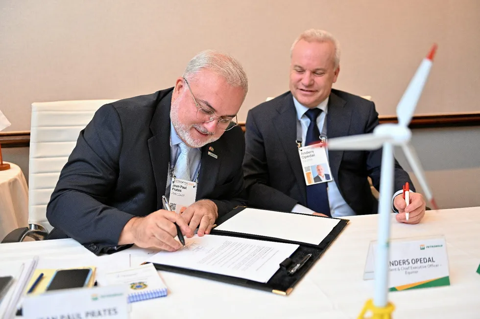 Power play: Petrobras chief executive Jean Paul Prates (left) and Equinor counterpart Anders Opedal signing the letter of intent