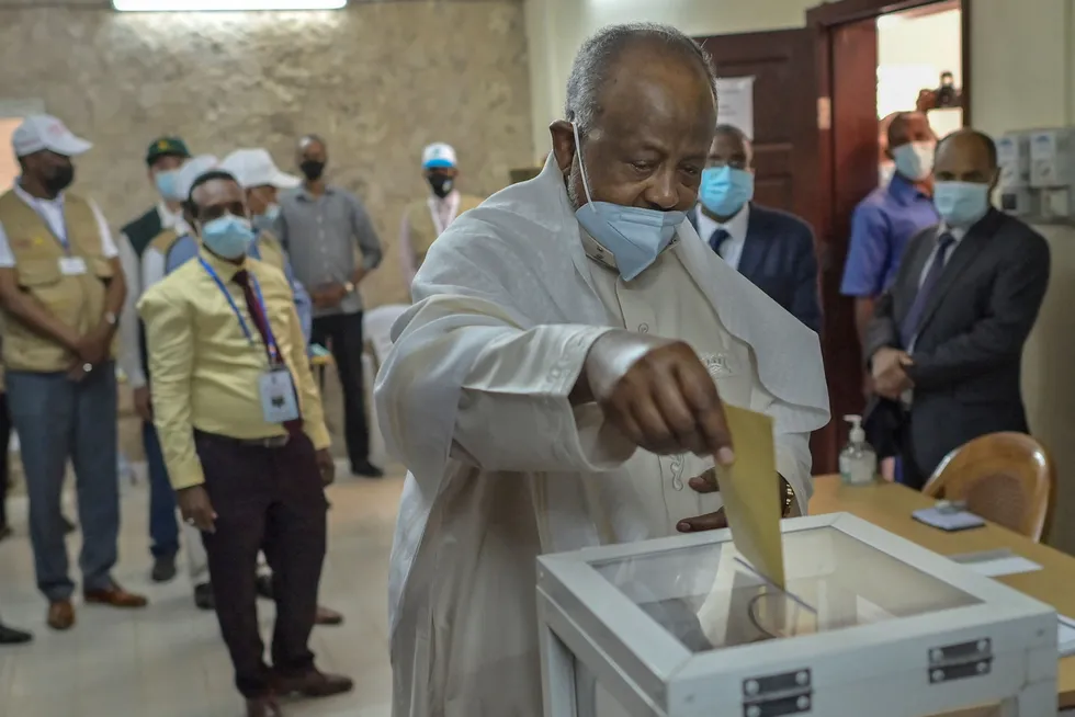 Voting under way: Djibouti's incumbent President Ismail Omar Guelleh casts his ballot in the capital Djibouti on 9 April, 2021