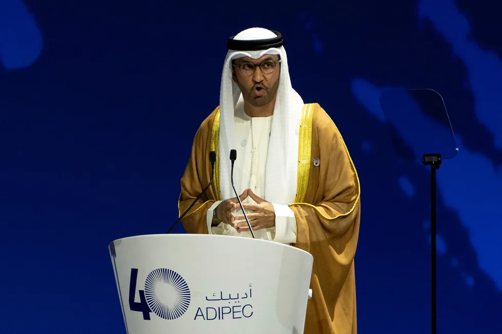 Sultan Ahmed Al Jaber, chief executive of Abu Dhabi National Oil Company (Adnoc), speaks at the first meeting of the annual ADIPEC conference in Abu Dhabi, United Arab Emirates.