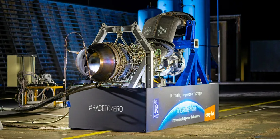 Rolls-Royce AE2100 Hydrogen Demonstrator engine preparing for test at RAF Boscombe Down in southern England.