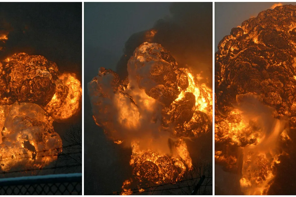 A combination photo shows a sequence of an explosion erupting from a CSX Corp train derailment in Mount Carbon, West Virginia pictured across the Kanawha River in Boomer, West Virginia February 16, 2015.