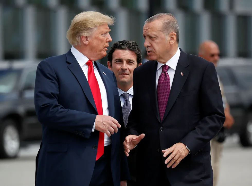 USAs president Donald Trump og hans tyrkiske kollega Recep Tayyip Erdogan, her på et Nato-toppmøte i Brussel ifjor.