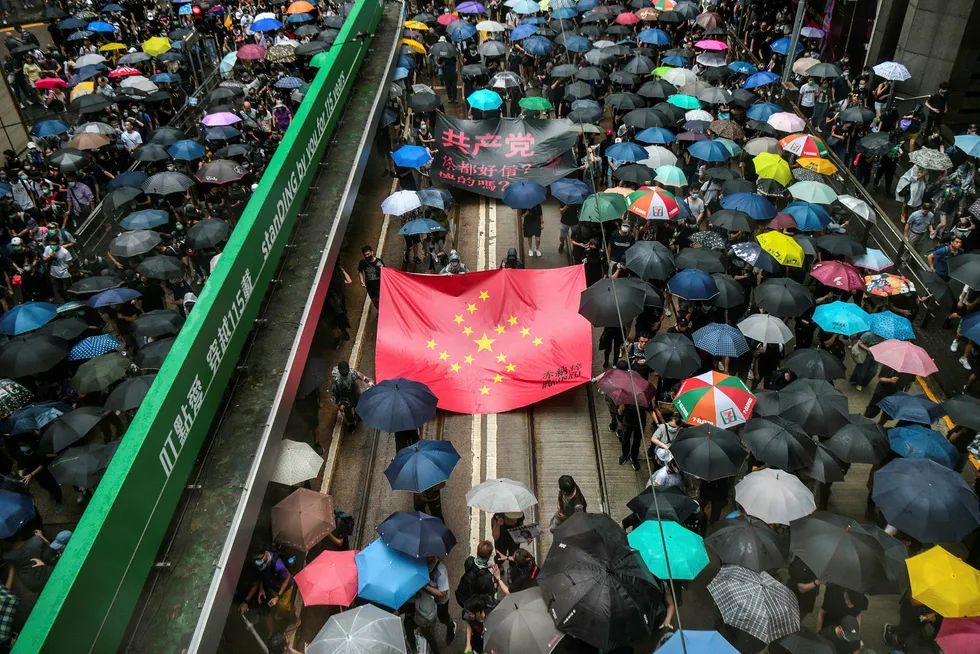 Dette bildet ble tatt under en demonstrasjon i Hongkong i slutten av august.