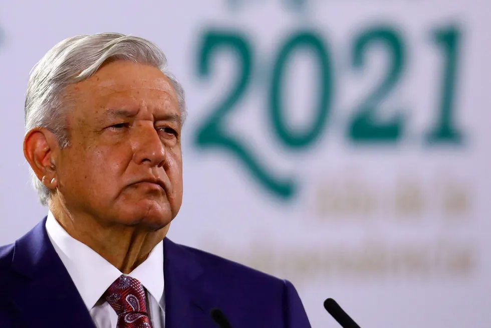 Future force: President Andres Manuel Lopez Obrador attends a news conference at the National Palace in Mexico City