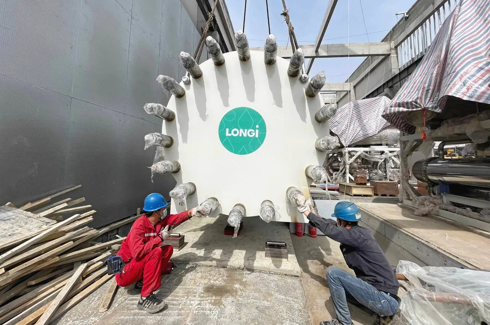 A Longi electrolyser stack being installed at the Qinghai Asia Silicon project in China.