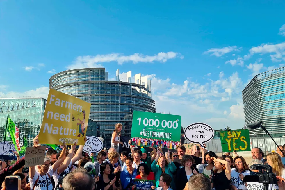 Klimaaktivister demonstrerte utenfor Europaparlamentet i Strasbourg før avstemningen denne uken.