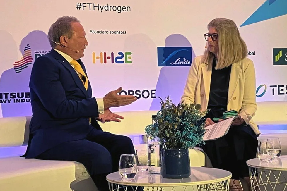 Andrew Forrest being interviewed by FT journalist Pilita Clarke at the FT Hydrogen Summit in London.