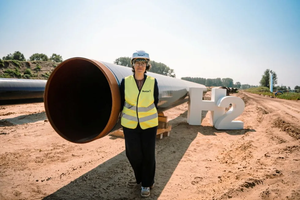 Belgian energy minister Tinne van der Straeten at the site of Fluxys' under-construction hydrogen-ready pipeline in Belgium.