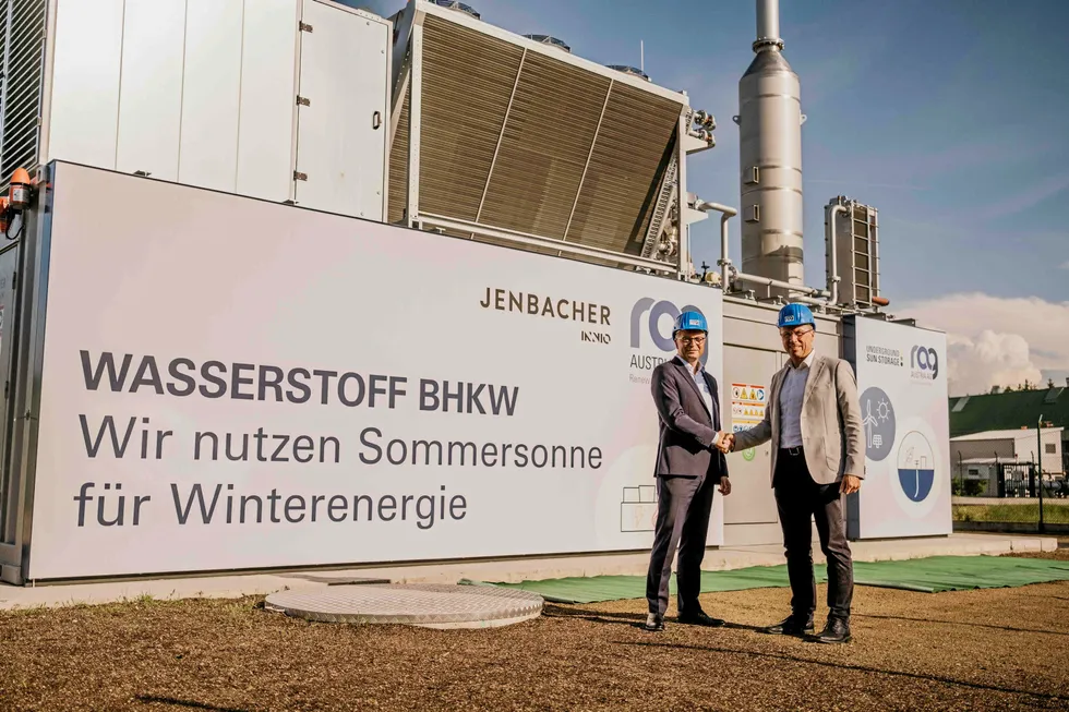 Andreas Kunz, Innio's chief technology officer (left) with Markus Mitteregger, CEO of RAG (right) at the newly installed 1MW power plant.