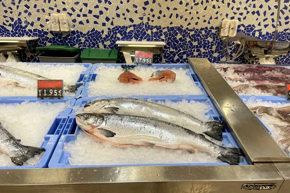 Norwegian salmon on a fish counter at a supermarket in the town of Puerto Rico in Gran Canaria, Spain.