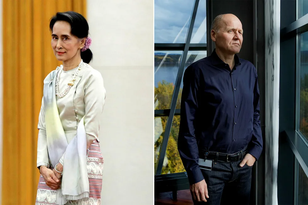 Problemene tårner seg opp for Aung San Suu Kyi. Hvordan hun løser dem, kan bli avgjørende for Telenor-sjef Sigve Brekke i vekstraketten Myanmar. Foto: Jason Lee/Reuters/NTB Scanpix og Fredrik Bjerknes