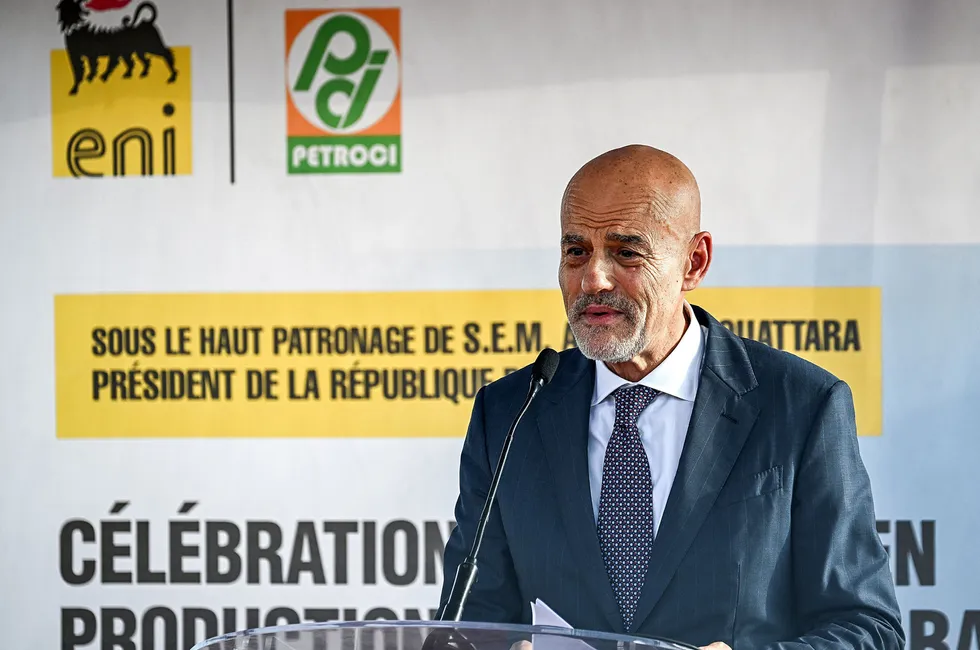 Eni's chief executive Claudio Descalzi speaking during the opening ceremony of the commissioning of the new oil and gas field, exploited by Eni and its partner Petroci in Port-Bouet, Ivory Coast, last November.