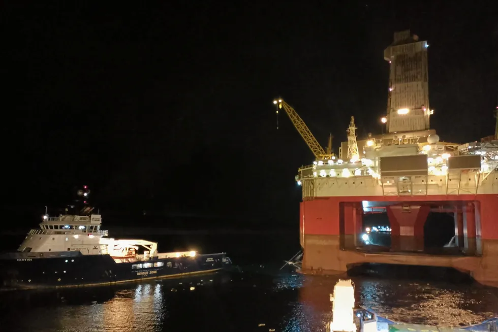 Two-well task: The semi-submersible drilling rig Severnoye Siyaniye being towed near the port of Murmansk this month