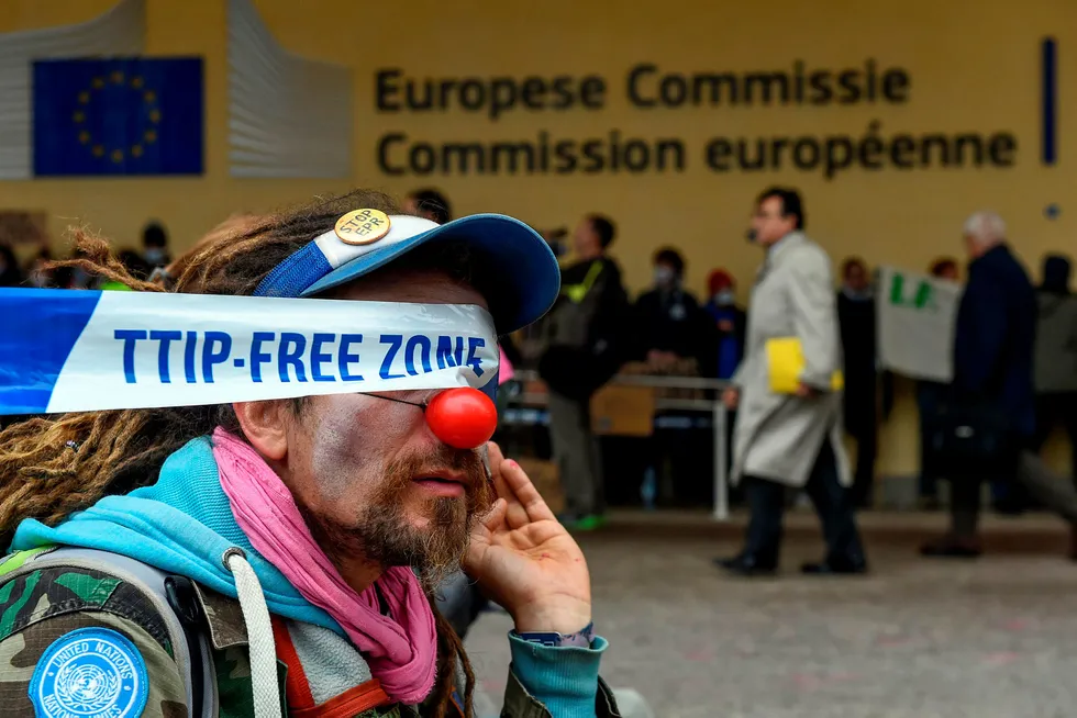 Her fra en demonstrasjon mot TTIP i Brussel. Foto: JOHN THYS/Afp/NTB scanpix