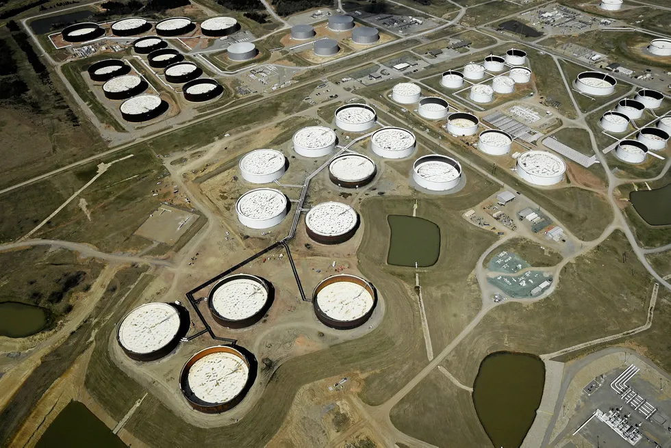 Increase: crude storage tanks at the Cushing oil hub, in Cushing, Oklahoma