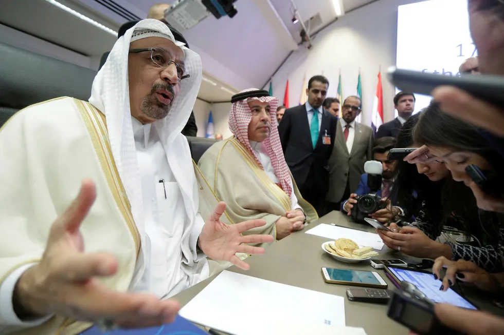 Saudi Arabia: oil minister Khalid al-Falih talks to journalists at the beginning of an OPEC meeting in Vienna