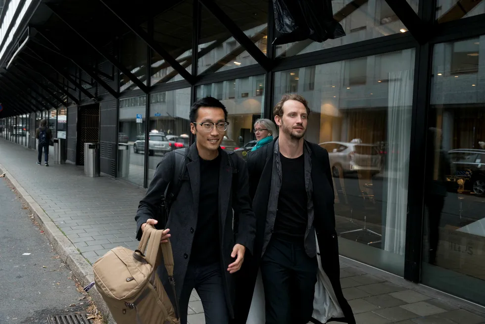 Gründerne Tom Xiong (fra venstre) og Jacob Lovén deltok på Dagens Næringslivs fintech-konferanse denne uken.