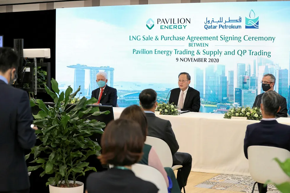 LNG deal: Tan See Leng, Second Minister of Trade & Industry Singapore, delivers his address at the virtual signing ceremony between Pavilion Energy Trading & Supply and QP Trading on 9 November in Singapore.