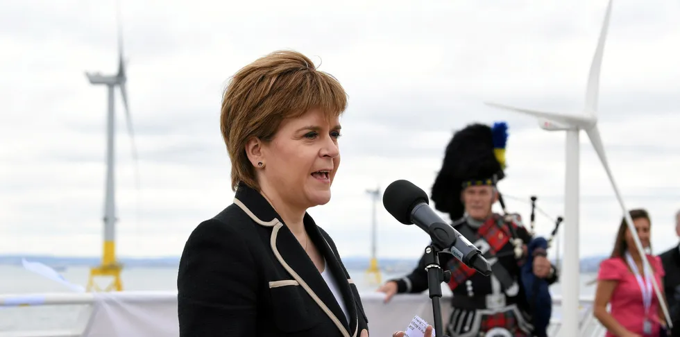 First Minister of Scotland Nicola Sturgeon attends the opening of The European Offshore Wind Deployment Centre located in Aberdeen Bay in 2018 in Aberdeen, Scotland.