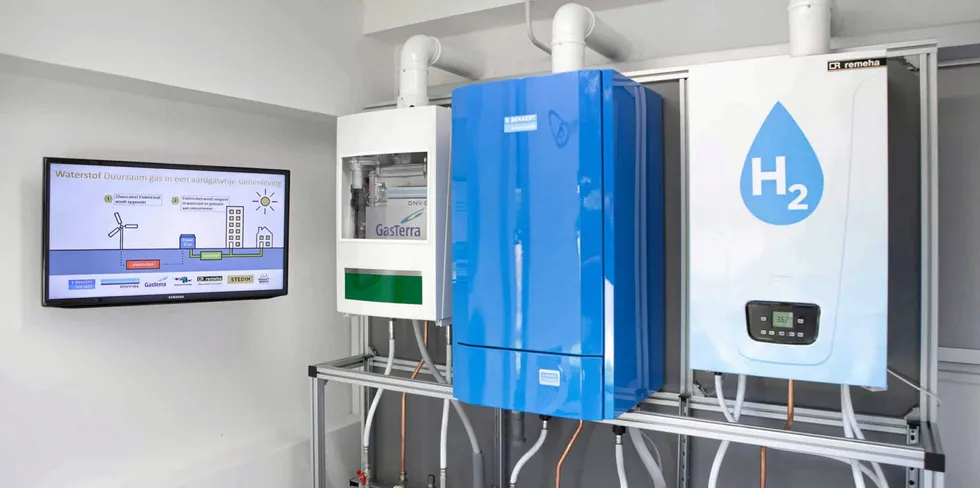 A hydrogen boiler system at a demonstation home-heating project in the Netherlands.