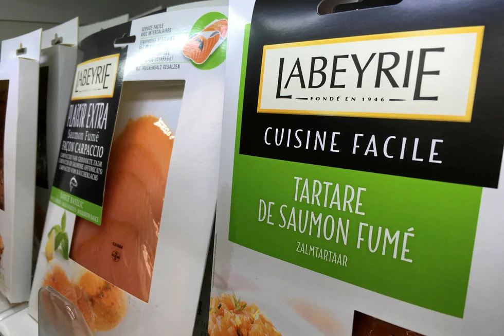 Labeyrie smoked salmon on shelves in France.