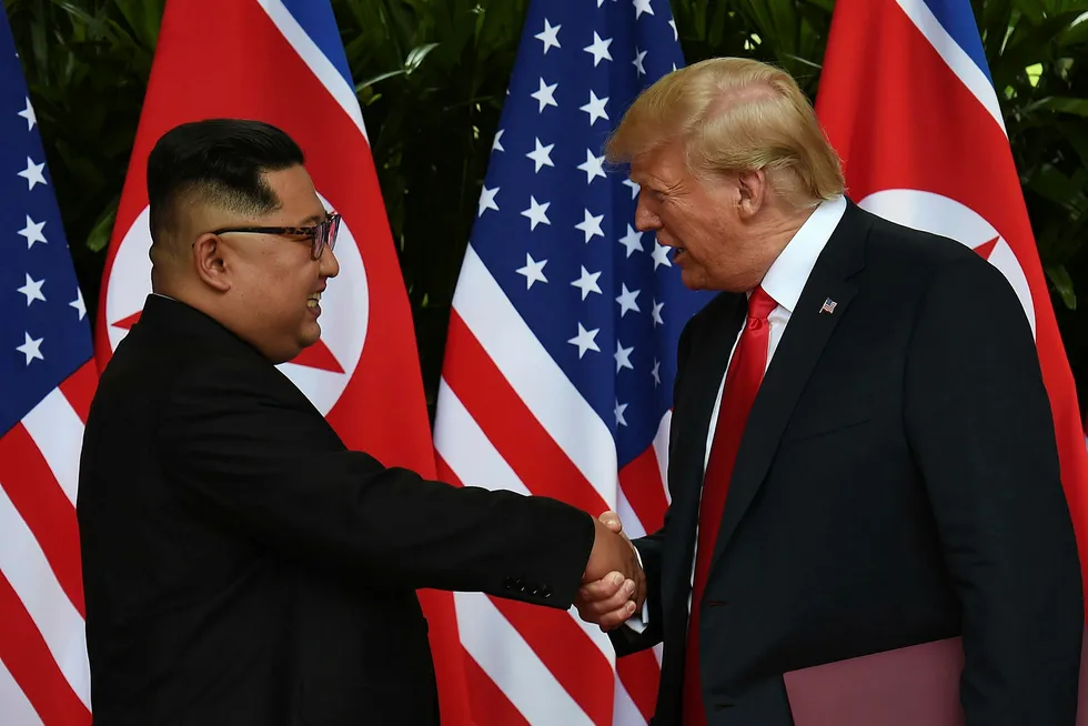 Donald Trump, her fra tirsdagens møte med Nord-Koreas leder Kim Jong-un. Foto: ANTHONY WALLACE/AFP/NTB Scanpix