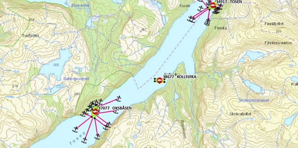 Eksempel på lokaliteter med fortøyninger som strekker seg tvers over fjorden.