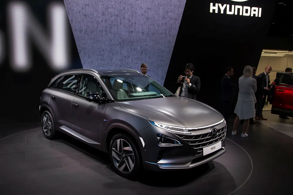 Hyundai Nexo er én av to hydrogenbiler på det norske markedet. Her under bilens premiere i Geneve i mars i år.