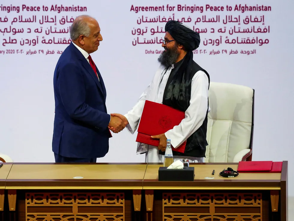 I februar i år signerte USA og utsending Zalmay Khalilzad en avtale med lederen av Taliban-delegasjonen Mullah Abdul Ghani Baradar i Qatar. Taliban lovet å kutte alle bånd til al-Qaida mot at USA trakk sine styrker ut av Afghanistan.
