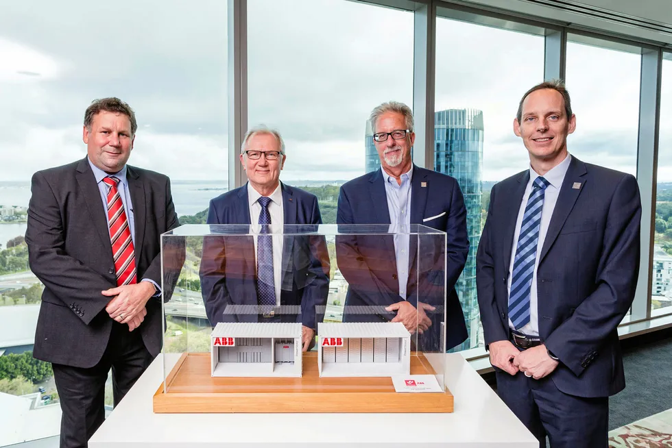 World first: (L-R) ABB state manager for power grids (WA) Steve Shearing, ABB Australian managing director Tauno Heinola, Woodside chief operating officer Mike Utsler and Woodside chief technology officer Shaun Gregory
