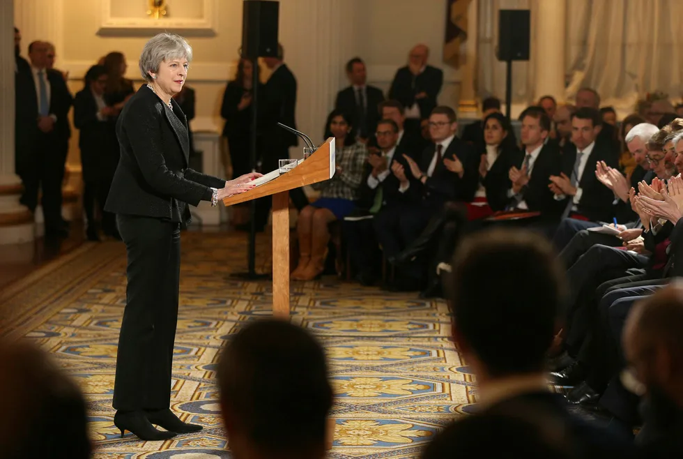 Storbritannias statsminister Theresa May sa under sin brexit-tale i Mansion House i London at det ikke blir noen ny folkeavstemning. Foto: Jonathan Brady/AFP/NTB Scanpix