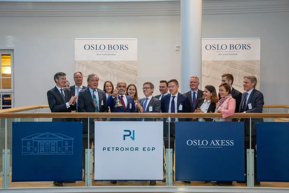 Bell ringer: Petronor E&P chairman Eyas Alhomouz (third left) at the Oslo-bourse in Norway in 2019 when the company's stock began trading.