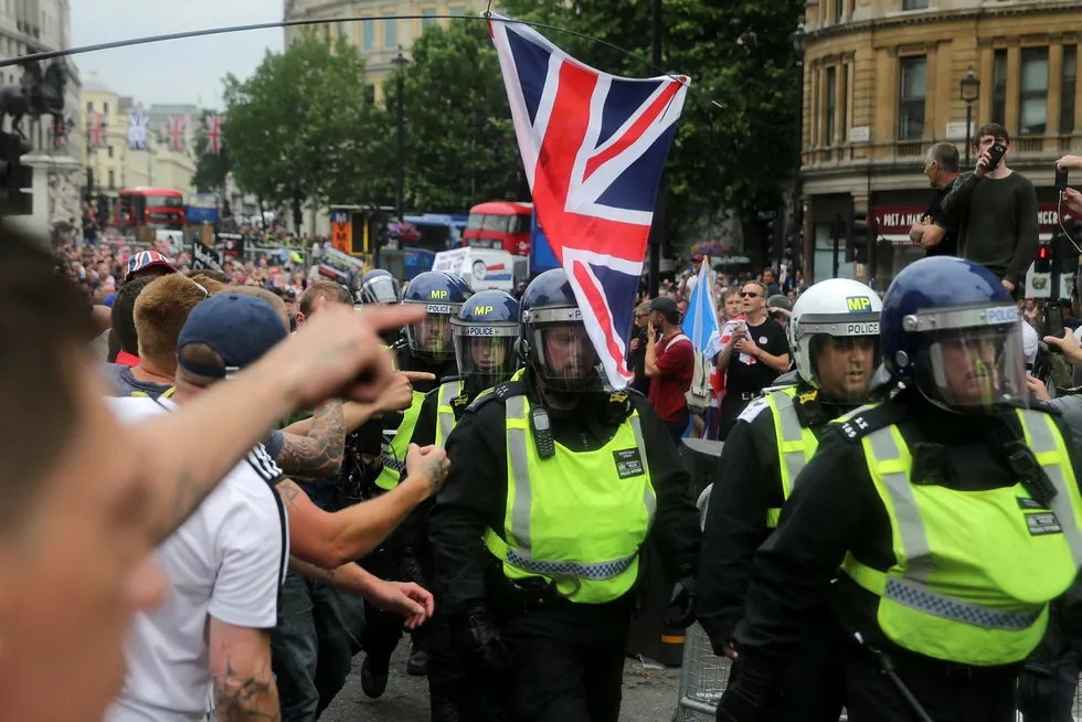 Det er ventet protester i London i forbindelse med besøket til Donald Trump. Her fra en demonstrasjon i sentrale London tidligere i sommer. Foto: Daniel Leal-Olivas/AFP/NTB Scanpix