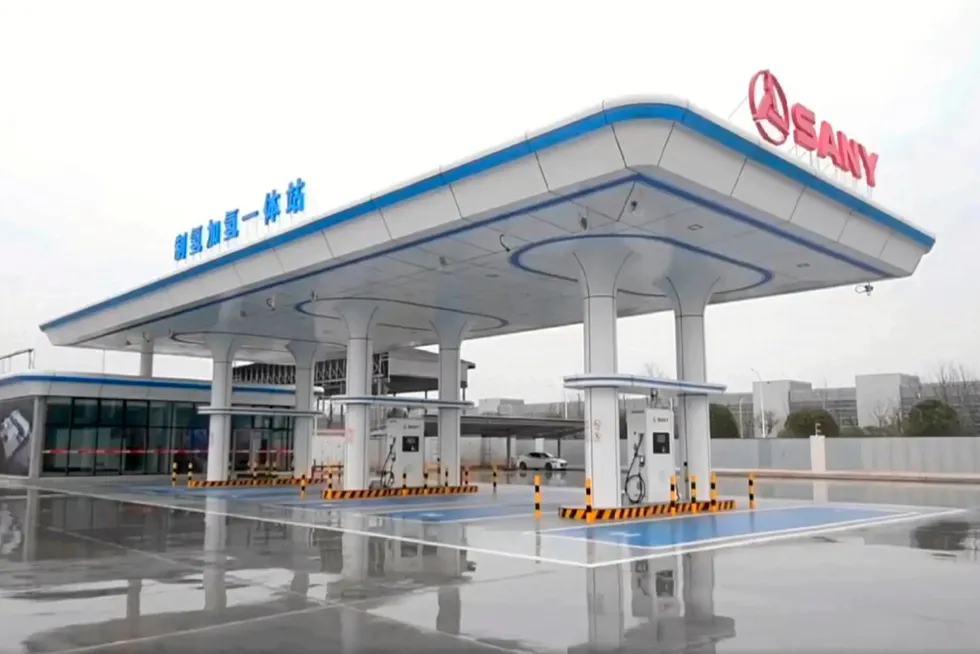 The Sany Green Electric Hydrogen Production and Hydrogen Refueling Integrated Station outside the Sany Zhilian Heavy Truck Industrial Park in Changsha Economic and Technological Development Zone, central China.