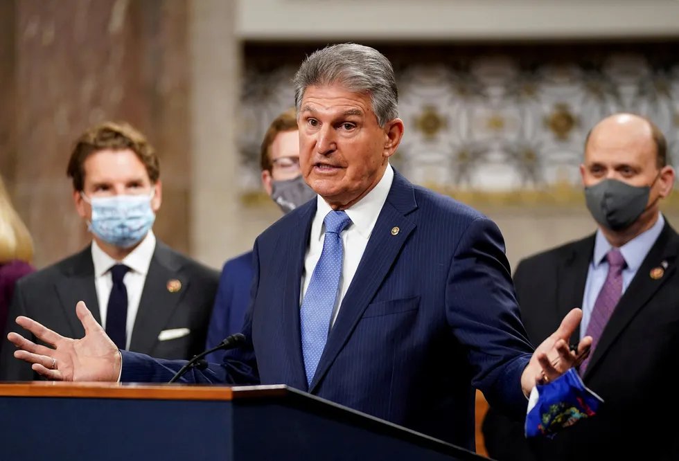 Tax adjustment: US Senator Joe Manchin, Democrat representing West Virginia, supports the American Jobs Plan but not the increase in the corporate tax rate to cover the plan's costs