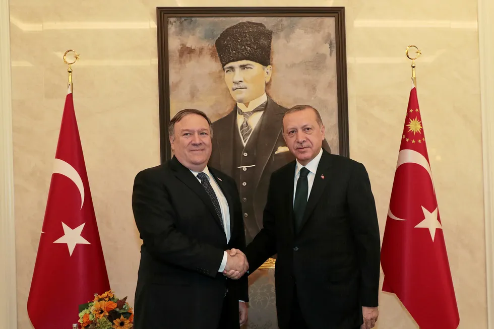 Talks: US Secretary of State Mike Pompeo (left) meets Turkish President Recep Tayyip Erdogan in Ankara, Turkey