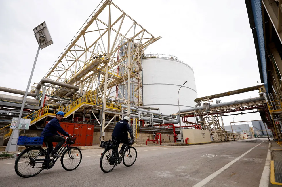Imports: workers cycle between sites at the Enagas LNG terminal in Barcelona, Spain, last month