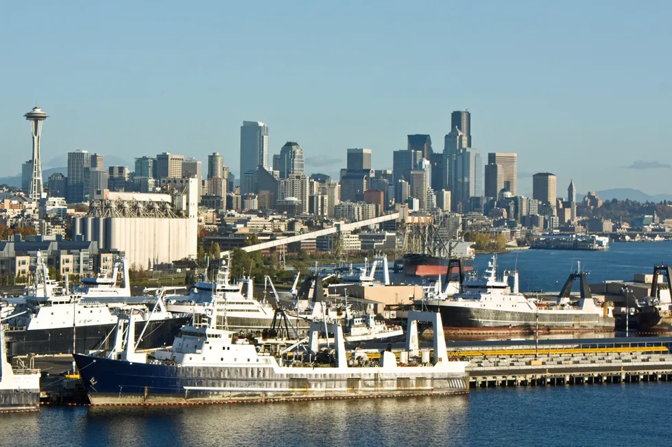 The Alaska pollock fleet moored in Seattle at Pier 91.