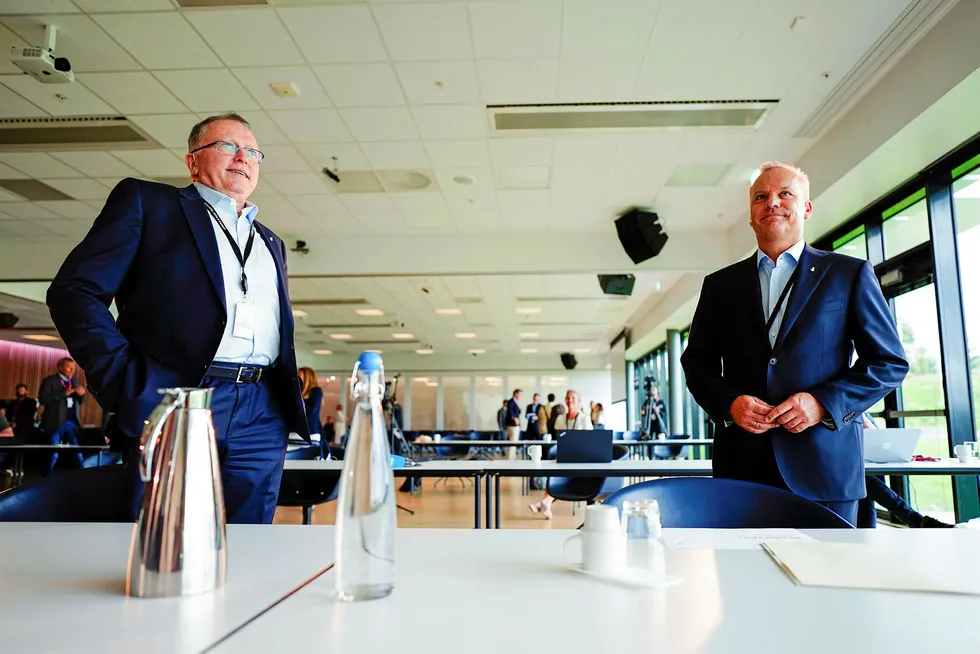 Handover: Eldar Saetre, left, will hand over the reins as Equinor chief executive to Anders Opedal in early November